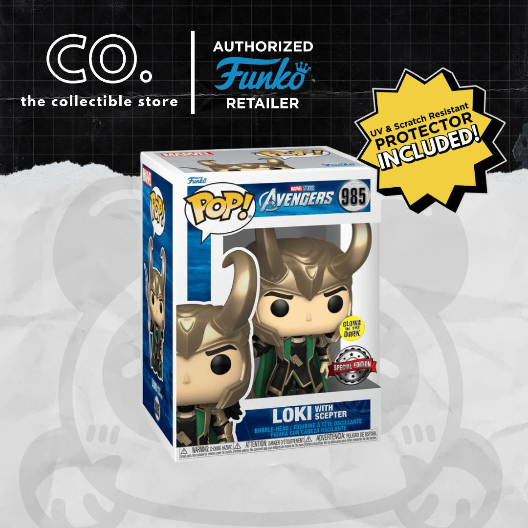 Funko Pop! Avengers Loki w/ Scepter #985 GITD Entertainment Earth with Protector