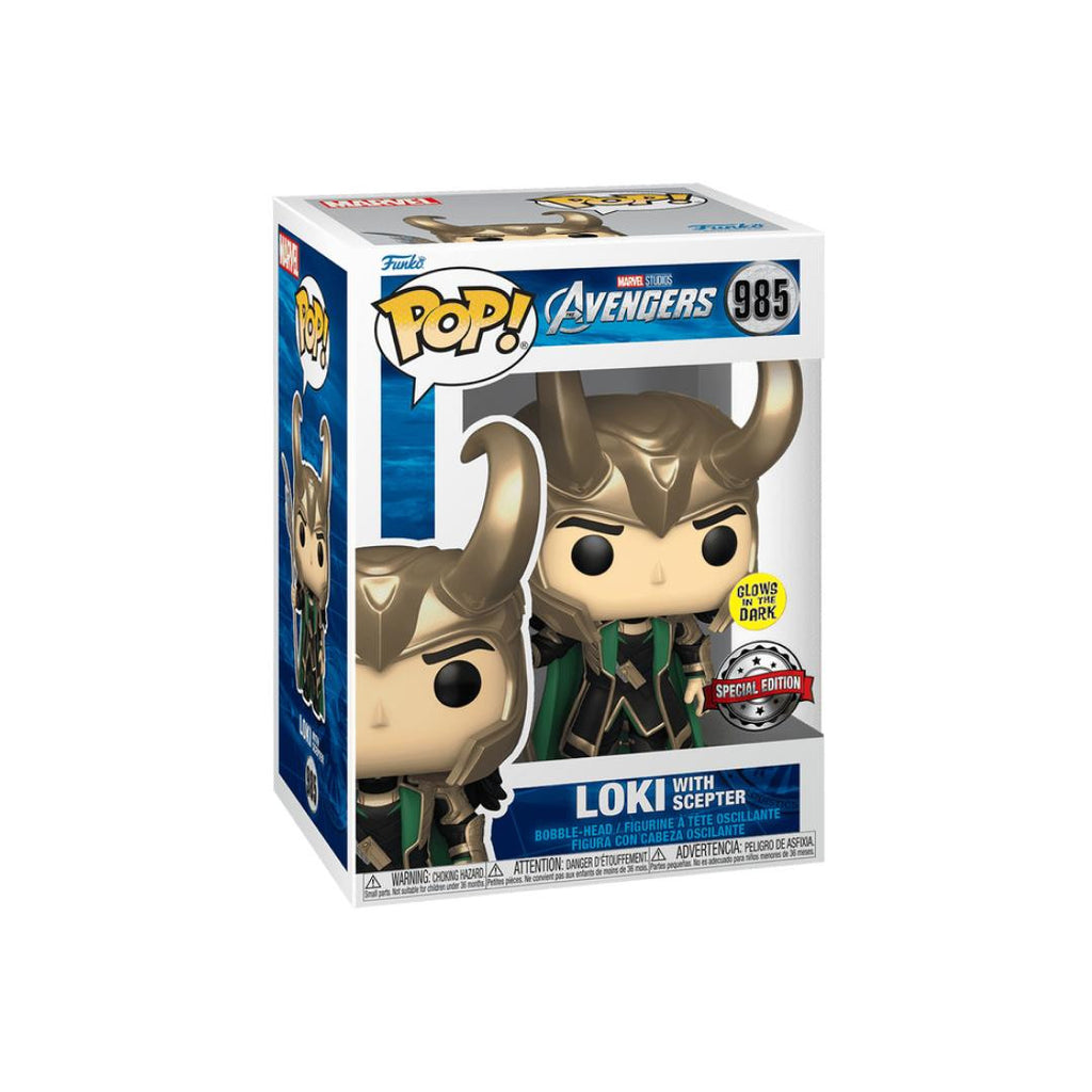 Funko Pop! Avengers Loki w/ Scepter #985 GITD Entertainment Earth with Protector